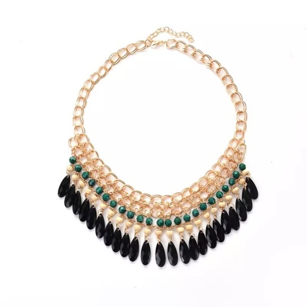 Beaded Green and Black Beads Statement Necklace Costume Jewelry